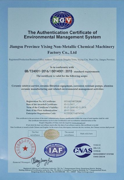 Cina Jiangsu Province Yixing Nonmetallic Chemical Machinery Factory Co., Ltd Sertifikasi